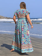 [Plus Size] Floral Print V-Neck Maxi Dress