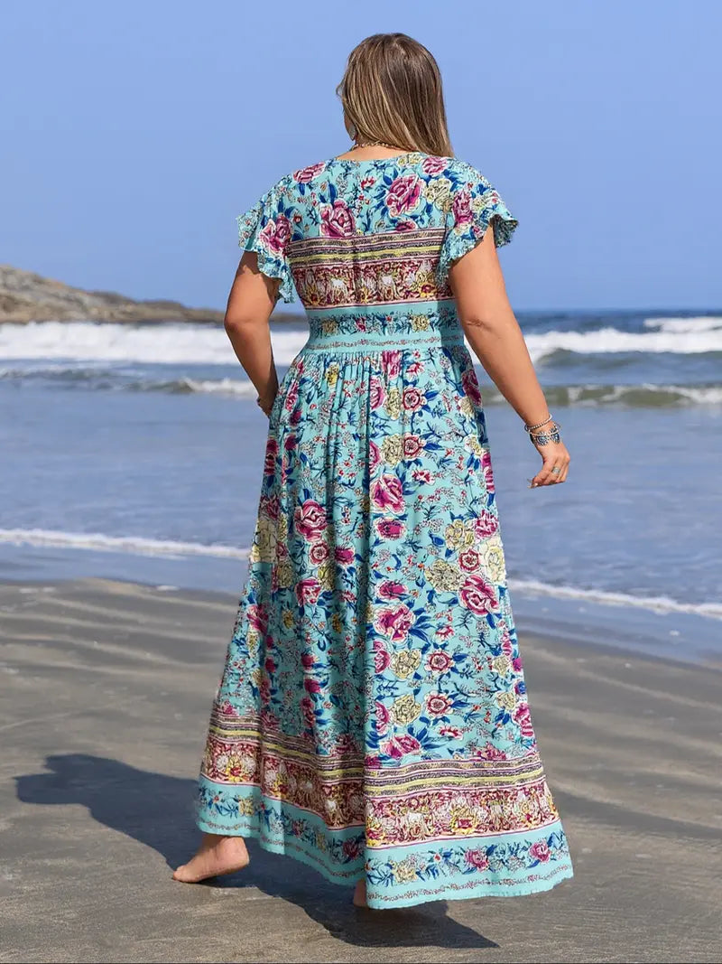[Plus Size] Floral Print V-Neck Maxi Dress