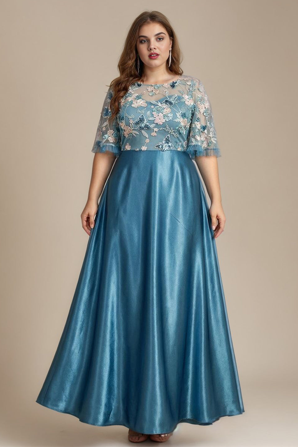 Curveins Plus Size Round Neck Batwing Sleeve Ruffle Patchwork Elegant Maxi Dress