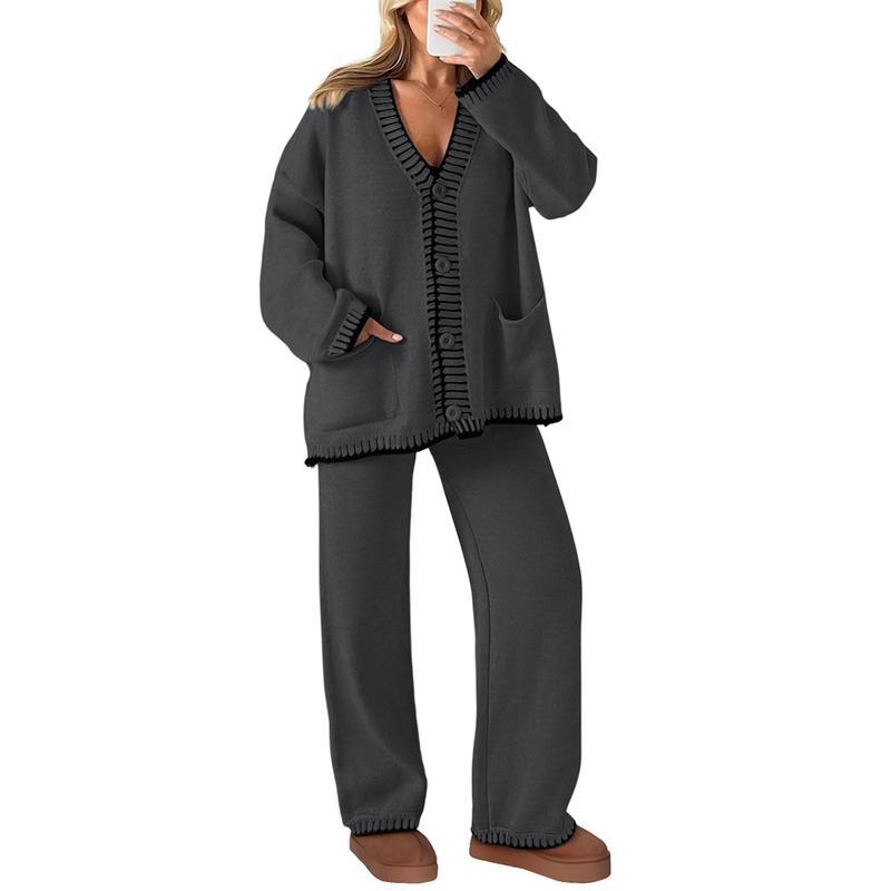 Women's 2 Piece Set Winter Knit Outfits Matching Loungewear Long Sleeve V Neck Cardigan Sweaters Wide Leg Pants Tracksuits