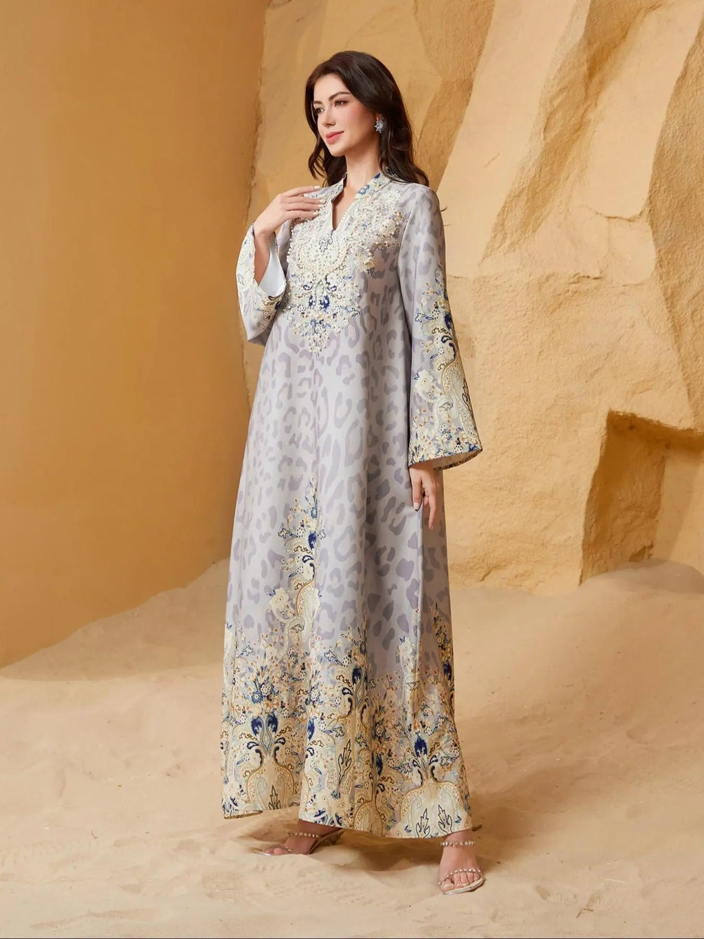 Women's Traditional Ethnic Pattern Faux Pearl Decor Long Dress, Boho Long Sleeve Round Neck Dress for Vacation Holiday Wedding Guest, Ladies Muslim Clothing for All Seasons