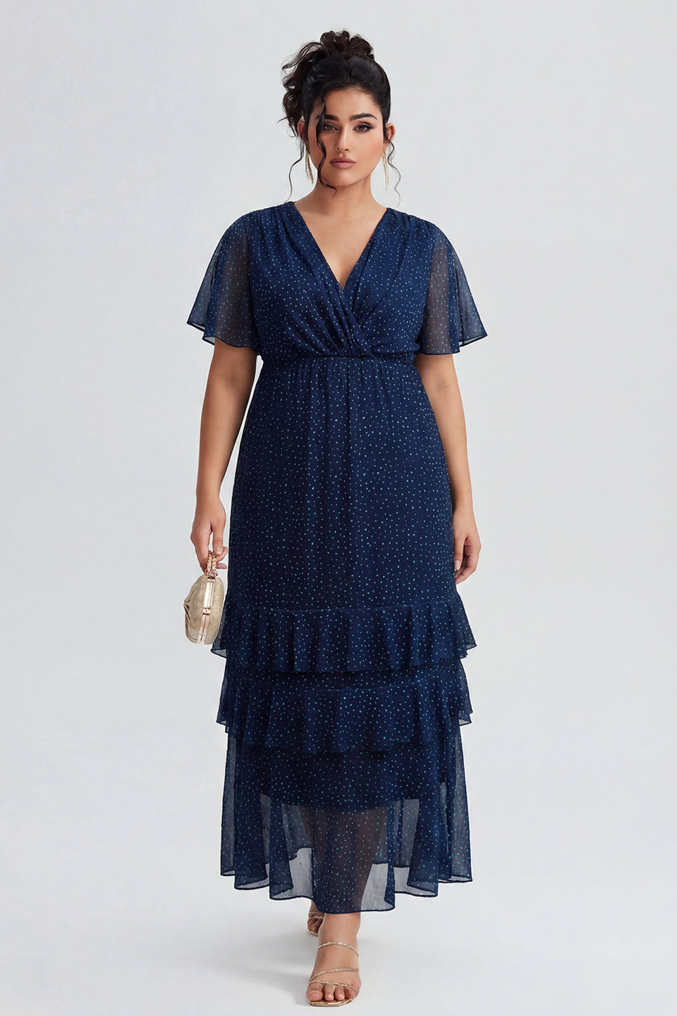 Curveins Plus Size V-Neck Batwing Sleeve Printed Maxi Dress with Ruched Detail