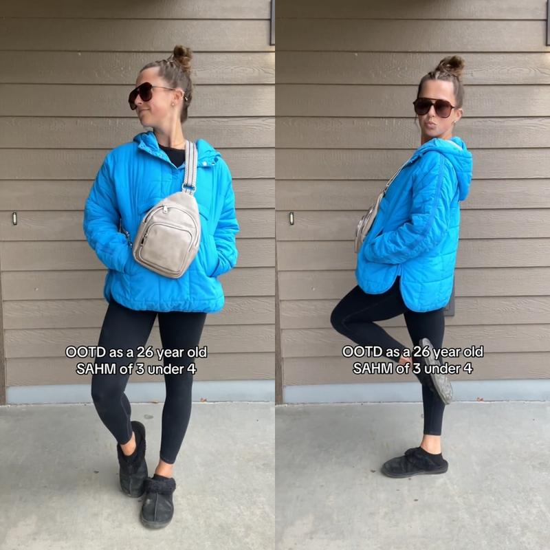 Women's Oversized Puffer Jacket Quilted Dolman Hoodies Pullover Long Sleeve Lightweight Warm Tops with Big Chest Pocket