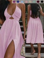 Summer New Sexy Wrap Top V-Neck Dress, Loose Beach Style Split Skirt, Women's Fashionable Long Dress, Perfect for Vacation
