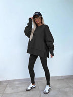 Oversize Two-Piece Set Women's  Split Hem Sweatshirt & Skinny Pants, Casual Fashion Cozy Round Neck Long Sleeve Pullover Women's Clothing for Fall & Basic Winter  Suits Womenswear Gamis