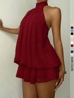 Women's Simple Solid Backless Halter One-Piece Jumpsuit, Elegant Ruffle Design, Perfect for Casual Wear, All Seasons Fashion