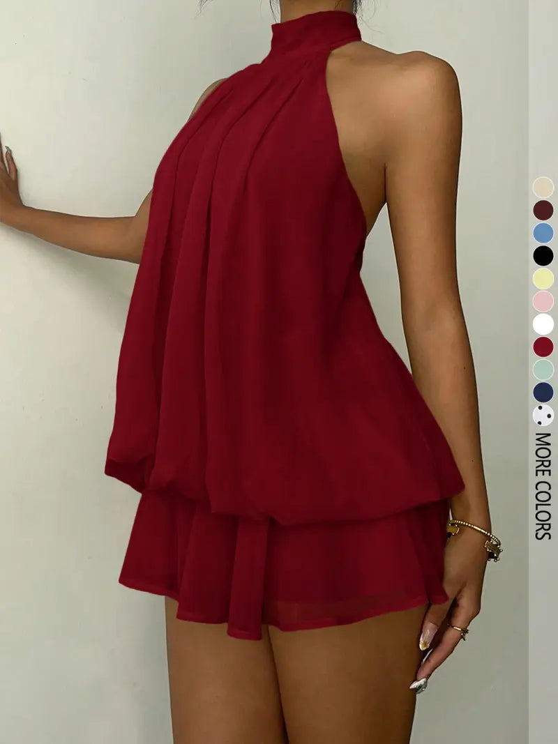 Women's Simple Solid Backless Halter One-Piece Jumpsuit, Elegant Ruffle Design, Perfect for Casual Wear, All Seasons Fashion
