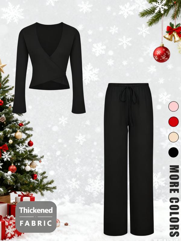 V Neck Sexy Top + Fashion Long Pants Christmas Holiday Atmosphere Set, Slim-Fitting, Plain Pattern, Spring & Fall Style