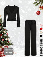 V Neck Sexy Top + Fashion Long Pants Christmas Holiday Atmosphere Set, Slim-Fitting, Plain Pattern, Spring & Fall Style