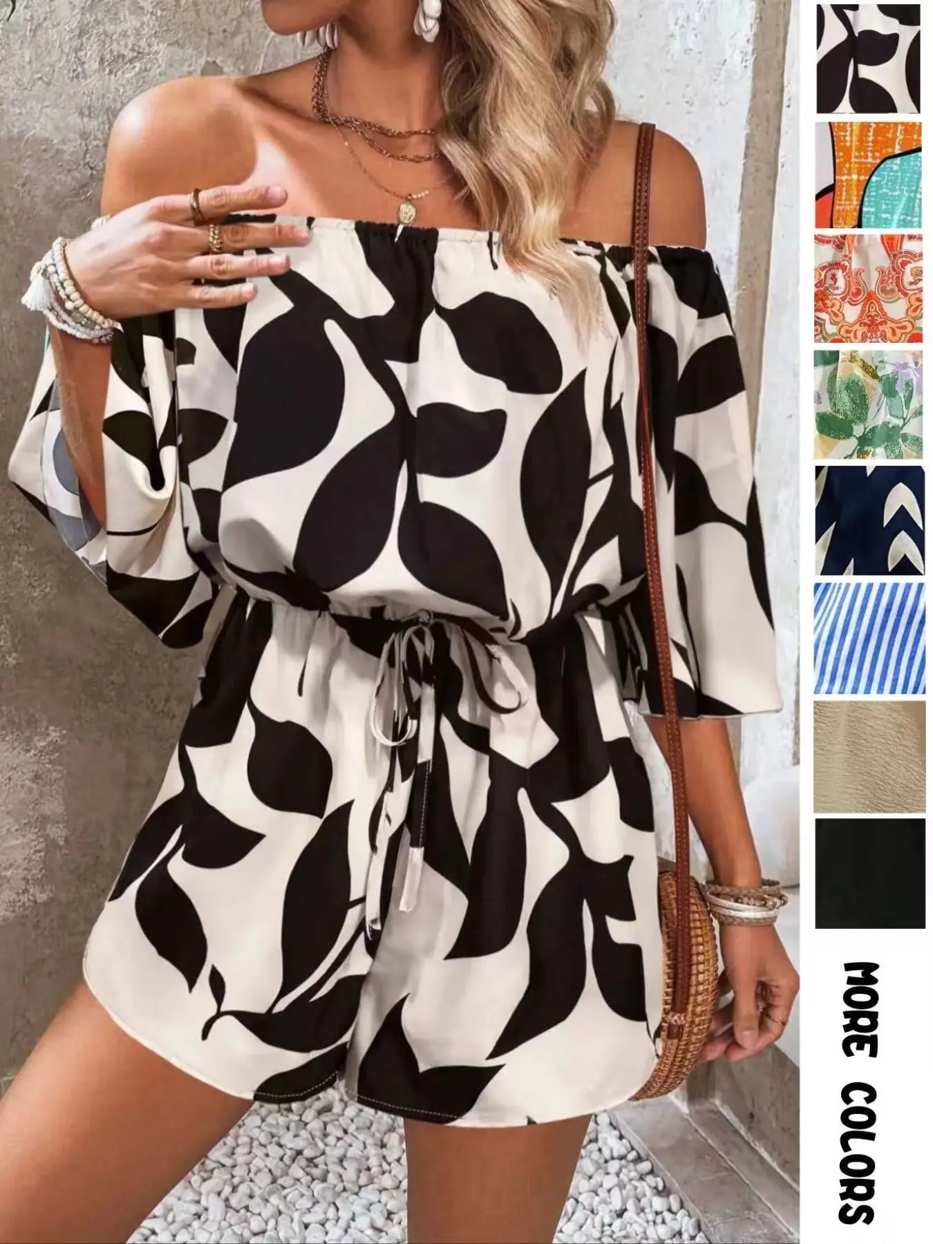 Women's Leaf Print Off Shoulder Tie Front Romper, Casual Flounce Sleeve Romper for Summer, Fashion Women's Clothing for Beach Holiday Vacation