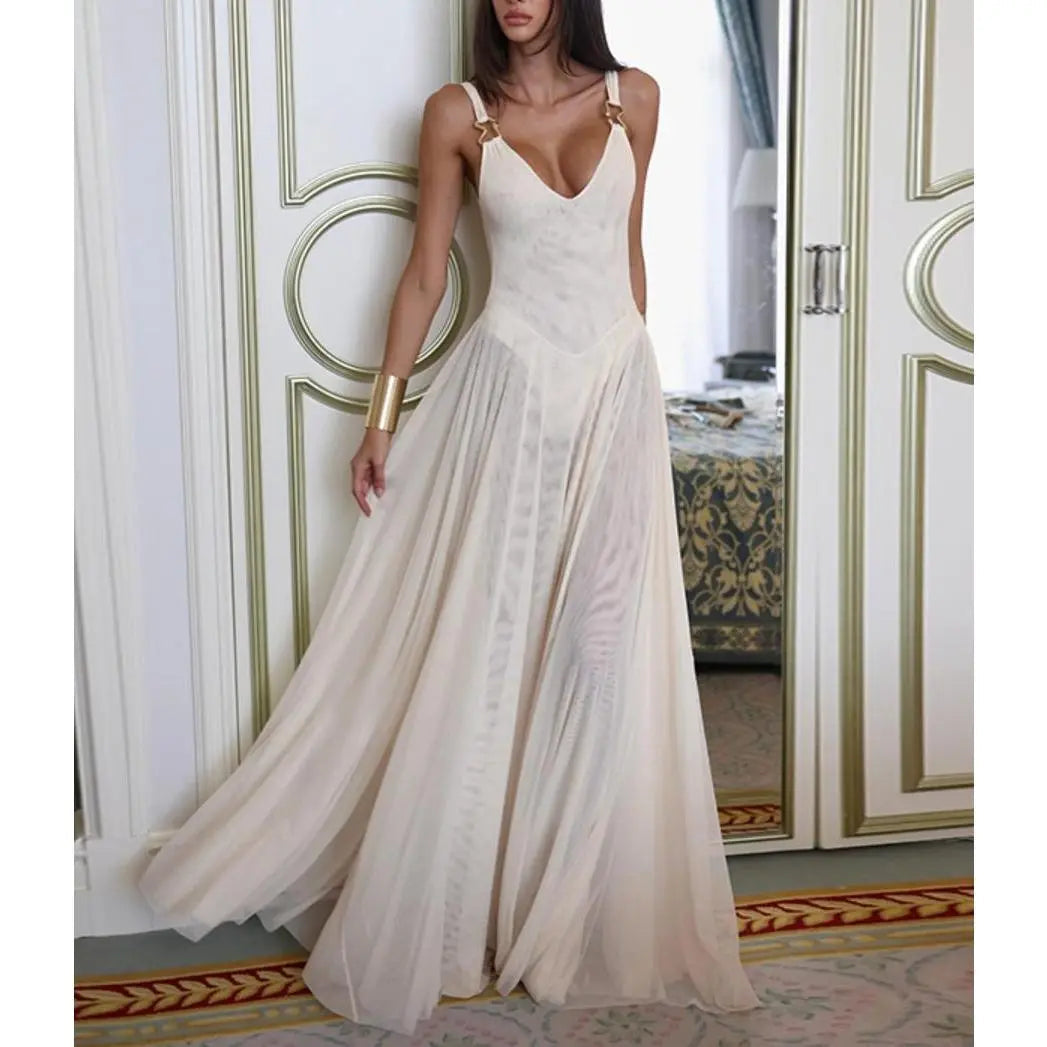 Women's deep V-neck solid tulle camisole dress
