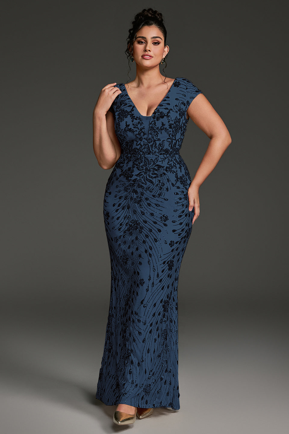 Curveins Plus Size V-neck and Waist Cinch Sequin Maxi Dress