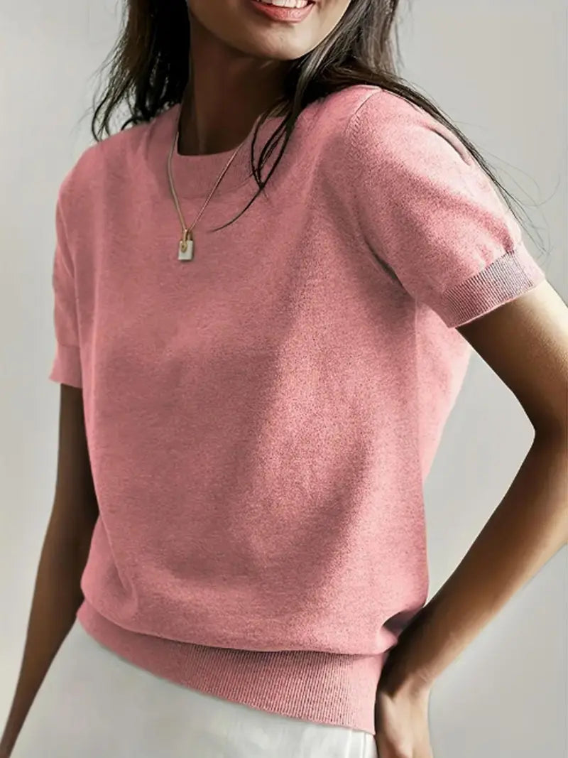 Women's Solid Color Crew Neck Short Sleeve Sweater, Casual Basic Knit Pullover for Spring & Fall, Fashion Women's Knitwear for Daily Wear, Womenswear