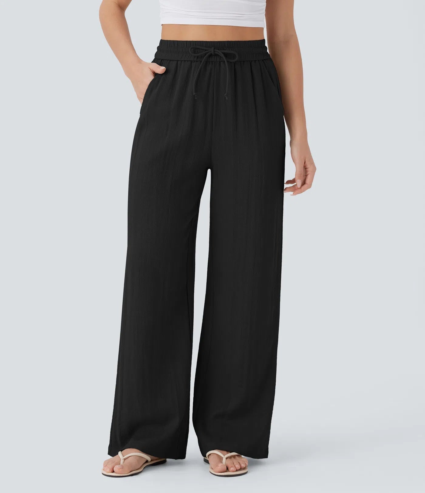 Casual High-Waisted Linen Trousers with Drawstring and Wide Pockets