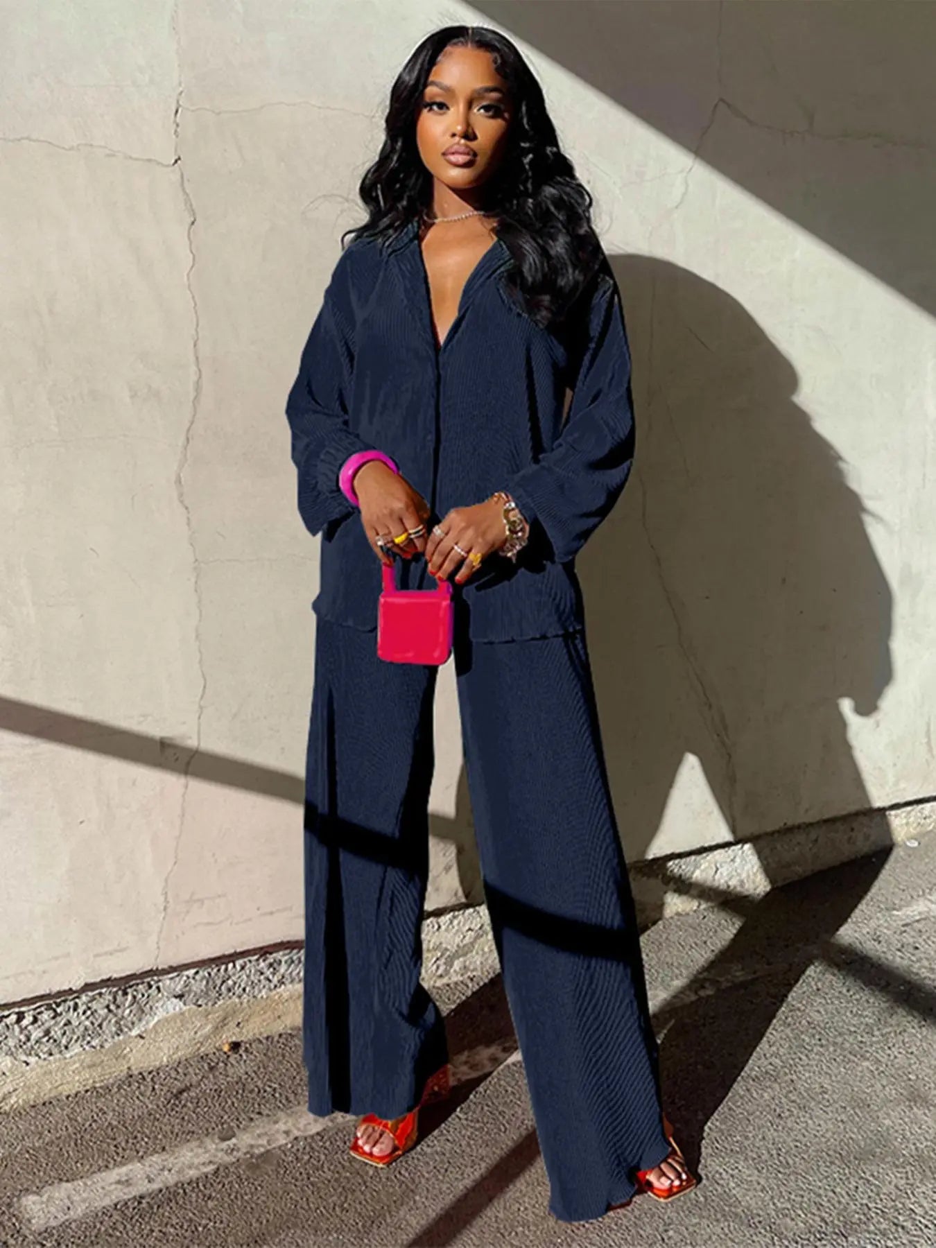 Women's Solid Button Front Shirt & Elastic Waist Pants Two-piece Set