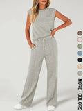 Women's Solid Tank Top & Drawstring Waist Pants Two-piece Set, Casual Sleeveless Round Neck Top & Trousers for Daily Wear, Ladies Two-piece Outfits for All Seasons