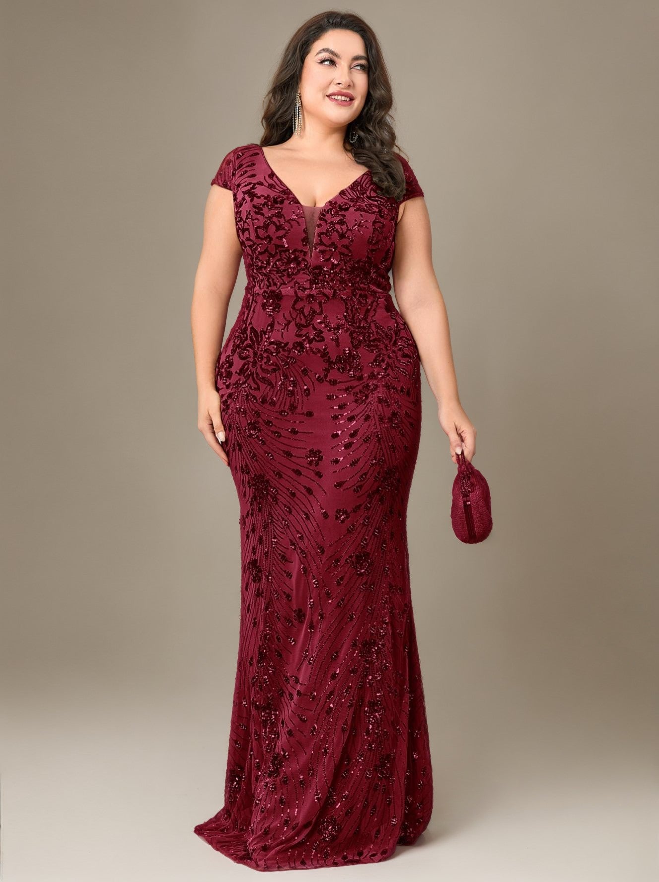 Curveins Plus Size V-neck and Waist Cinch Sequin Maxi Dress