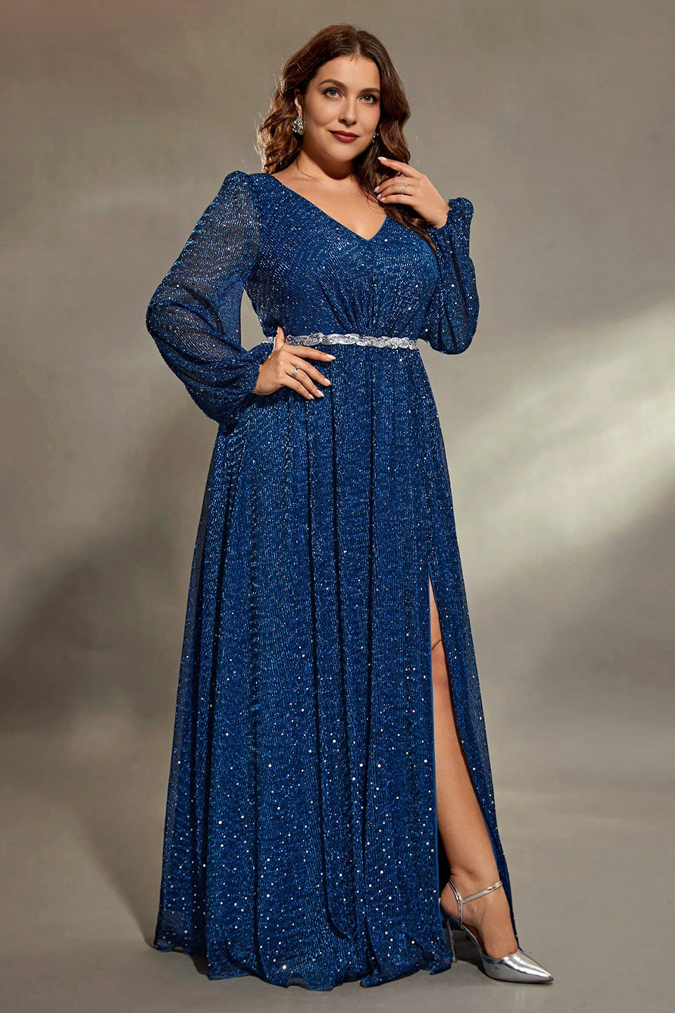 Curveins Plus Size V-Neck Long Sleeve Sequin Maxi Dress with Waist Tie and Side Slit