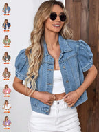 Women's Vintage Bubble Sleeve Light Wash Denim Jacket, Summer Lightweight Thin High Waist Crop Top, Casual Fashionable Fit Short Cropped Jean Coat for Women