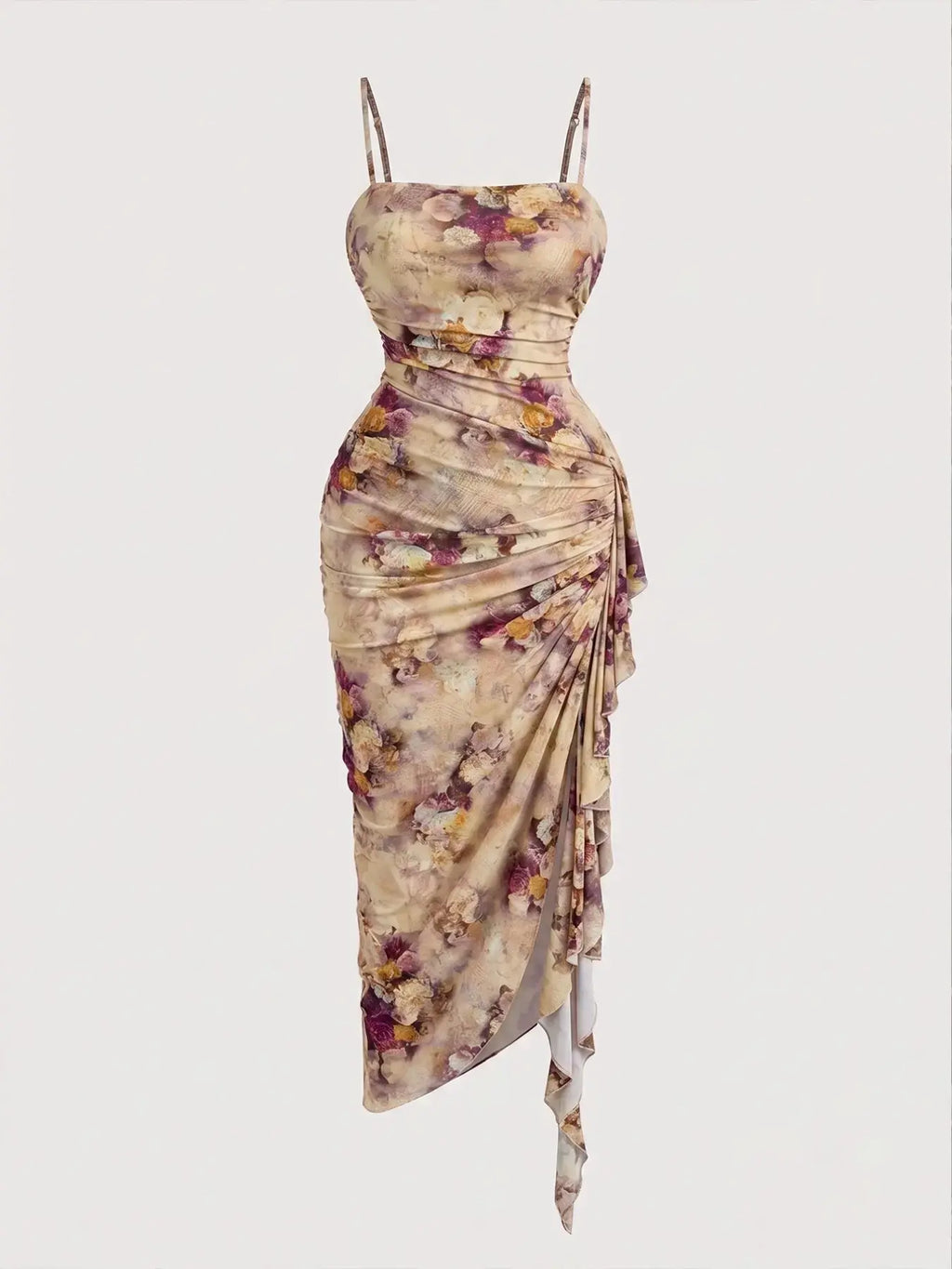 Women's Floral Print Ruched Asymmetrical Hem Dress