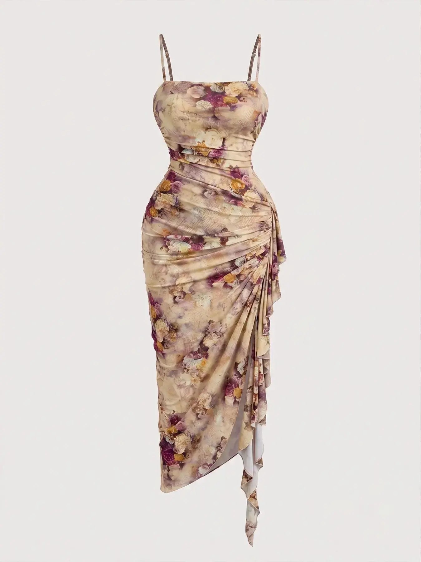 Women's Floral Print Ruched Asymmetrical Hem Dress