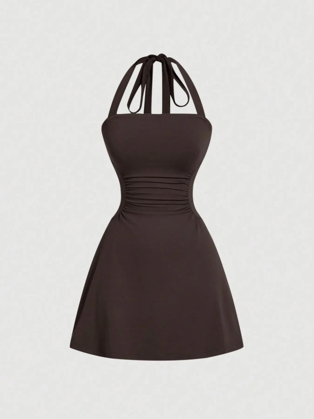 Women's Plain Ruched Tie Back Halter Neck Dress