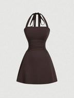 Women's Plain Ruched Tie Back Halter Neck Dress
