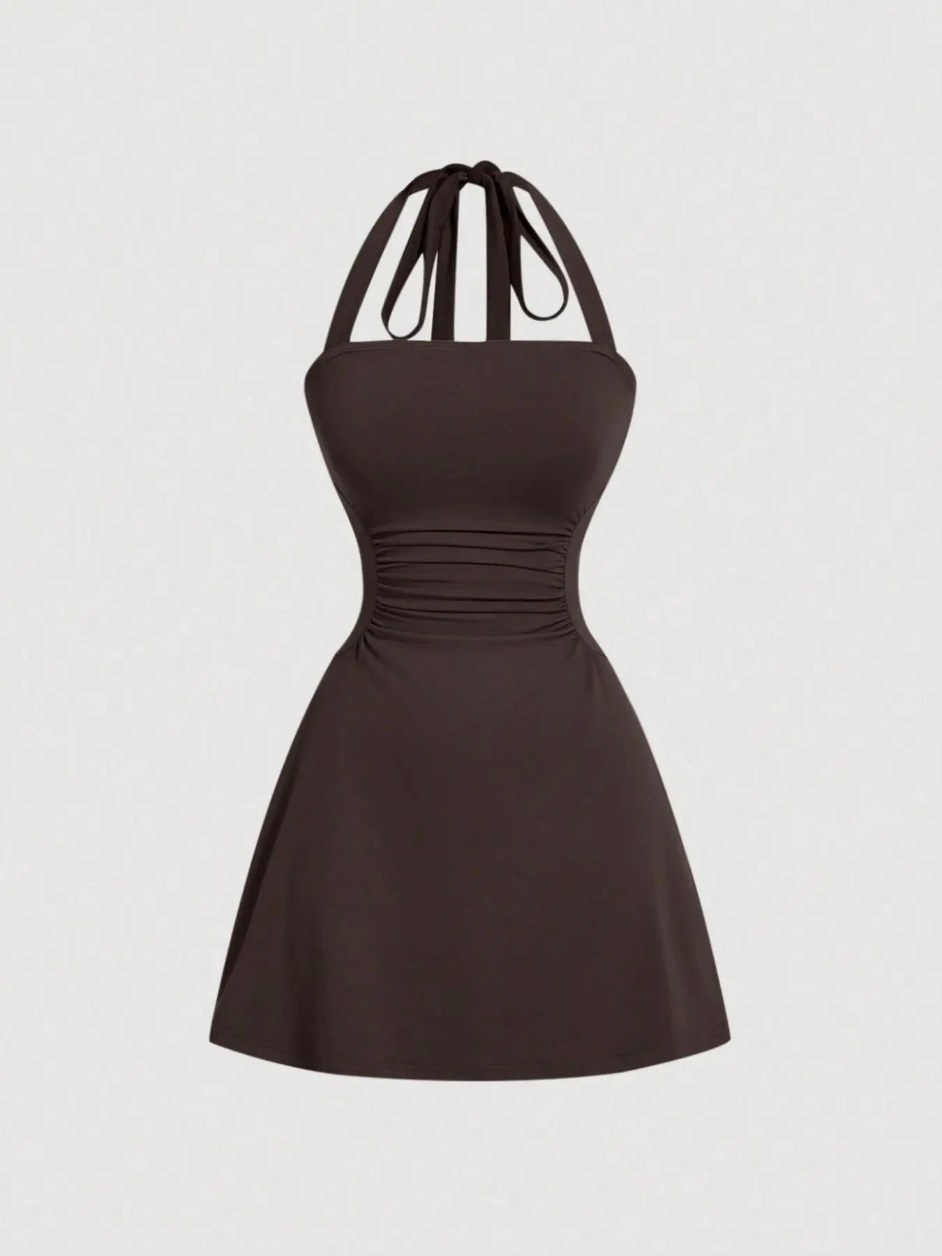 Women's Plain Ruched Tie Back Halter Neck Dress