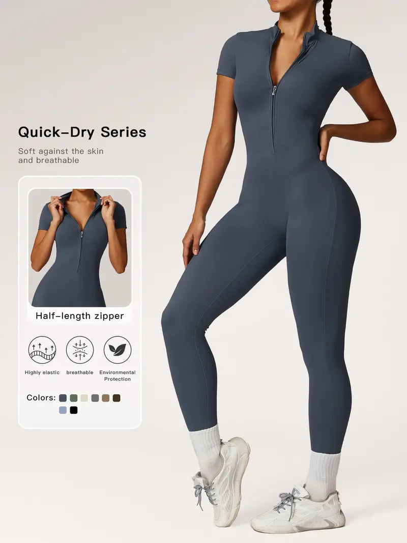 Women's high-neck, sturdy-zip sports jumpsuit