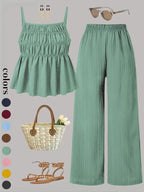 Two-Piece Set Women's Solid Color Cami Top & Wide Leg Pants Set