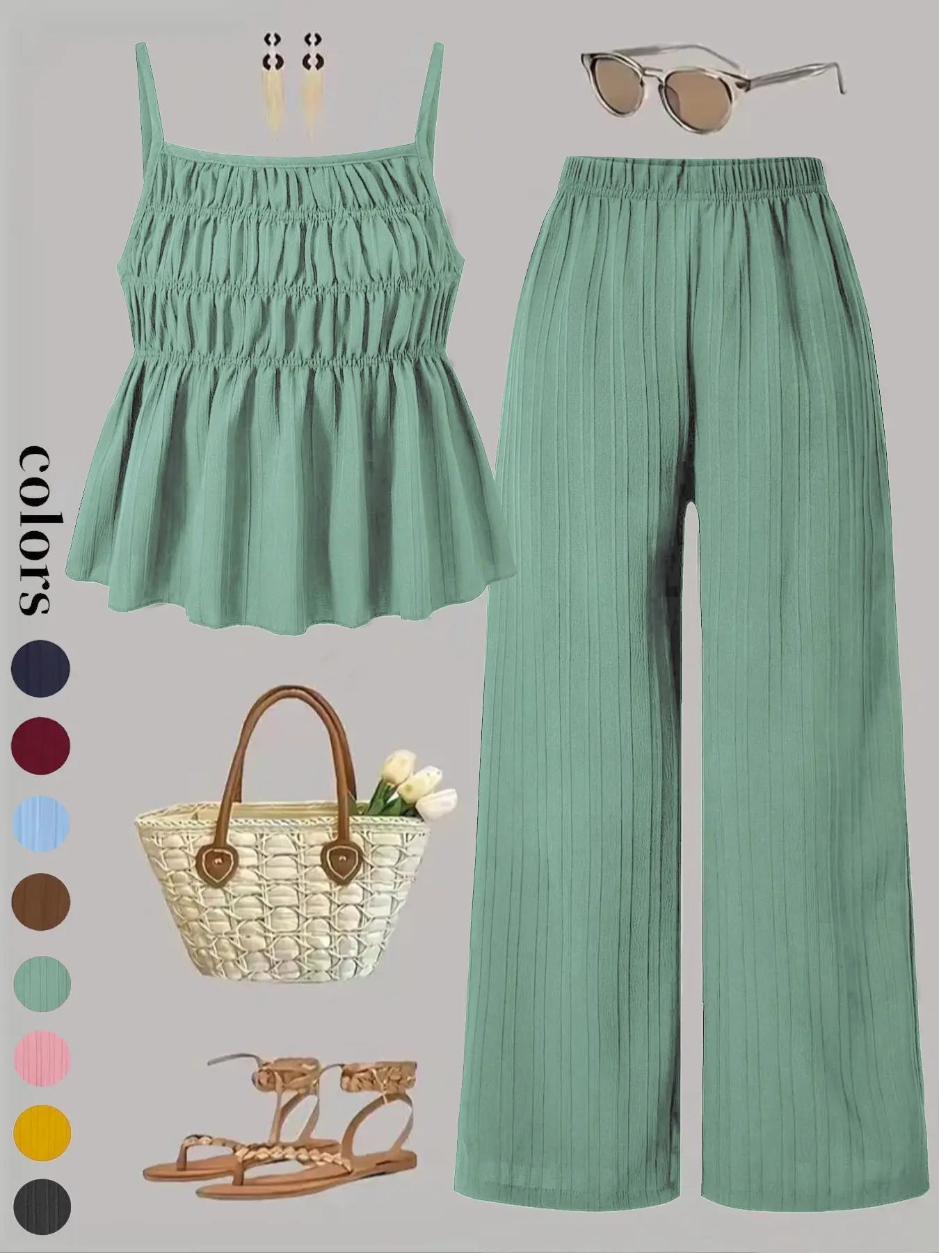 Two-Piece Set Women's Solid Color Cami Top & Wide Leg Pants Set
