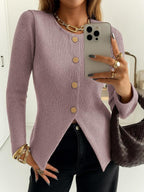 Women's Casual Elegant Ribbed Knit Button Long Sleeve Top, Fitted Plain Design, All Season Wear, Moderate Fabric Thickness