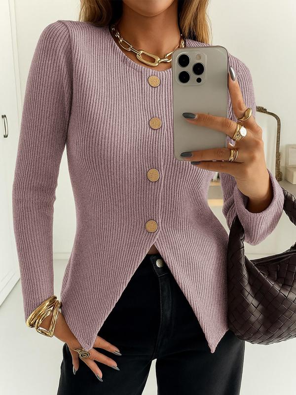 Women's Casual Elegant Ribbed Knit Button Long Sleeve Top, Fitted Plain Design, All Season Wear, Moderate Fabric Thickness