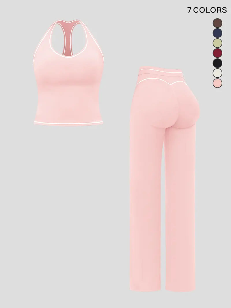 Women's yoga set with double straps, luxury activewear for running and exercise, colorblock fleece fabric.