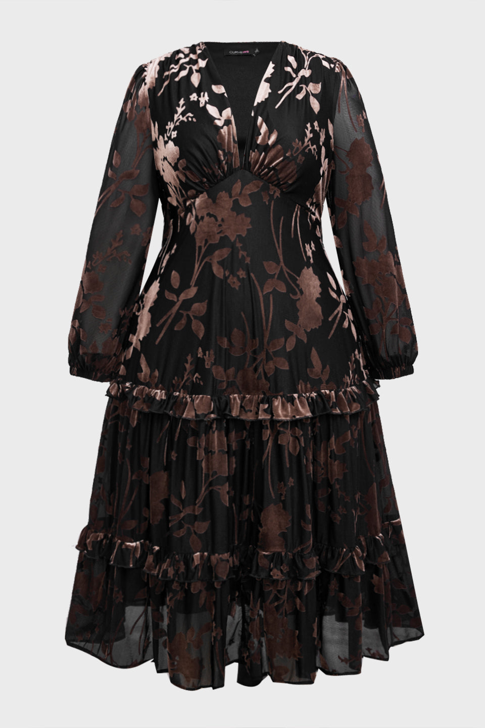 Curveins Plus Size Velvet V-Neck Lantern Sleeve Tiered Midi Dress
