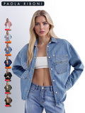 Women's Plain Button Front Drop Shoulder Curved Hem Denim Jacket, Casual Long Sleeve Pocket Design Collar Outerwear for Daily Wear, Ladies Clothes for All Seasons
