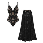Black Laser Cutting Flower Hollow One Piece Swimsuit and Skirt