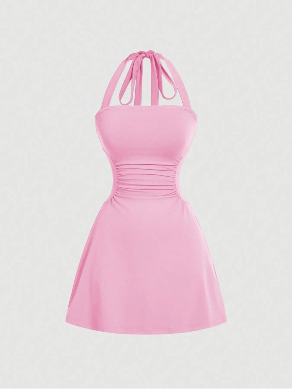 Women's Plain Ruched Tie Back Halter Neck Dress
