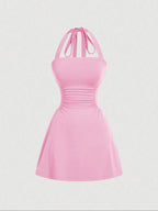 Women's Plain Ruched Tie Back Halter Neck Dress