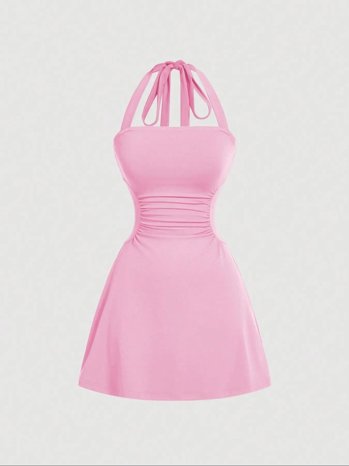 Women's Plain Ruched Tie Back Halter Neck Dress