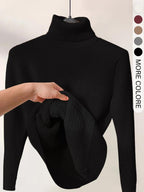 Women's Solid Thermal Lined Drop Shoulder High Neck Sweater, Casual Solid Long Sleeve Jumper For Daily Outdoor Wear, Women Knit Top for Fall & Winter