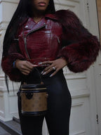 Women's Patchwork Fur Jacket, Crocodile Texture Sleeves, Zipper Design, Casual Biker Style, All Seasons Wear, Stylish & Luxurious Look