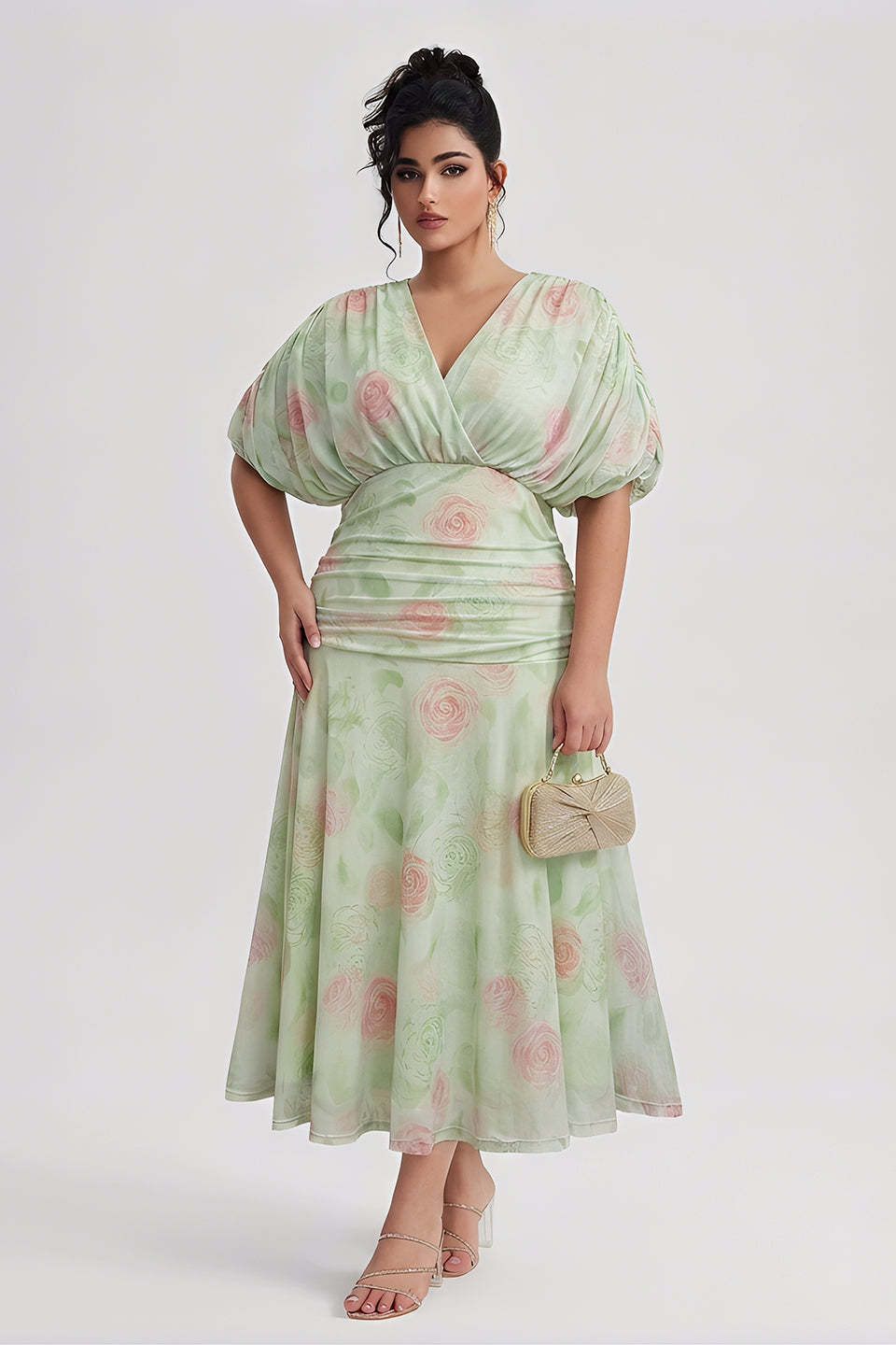 Curveins Plus Size V Neck Puff Sleeve Waist Defining Floral Print Elegant Maxi Dress