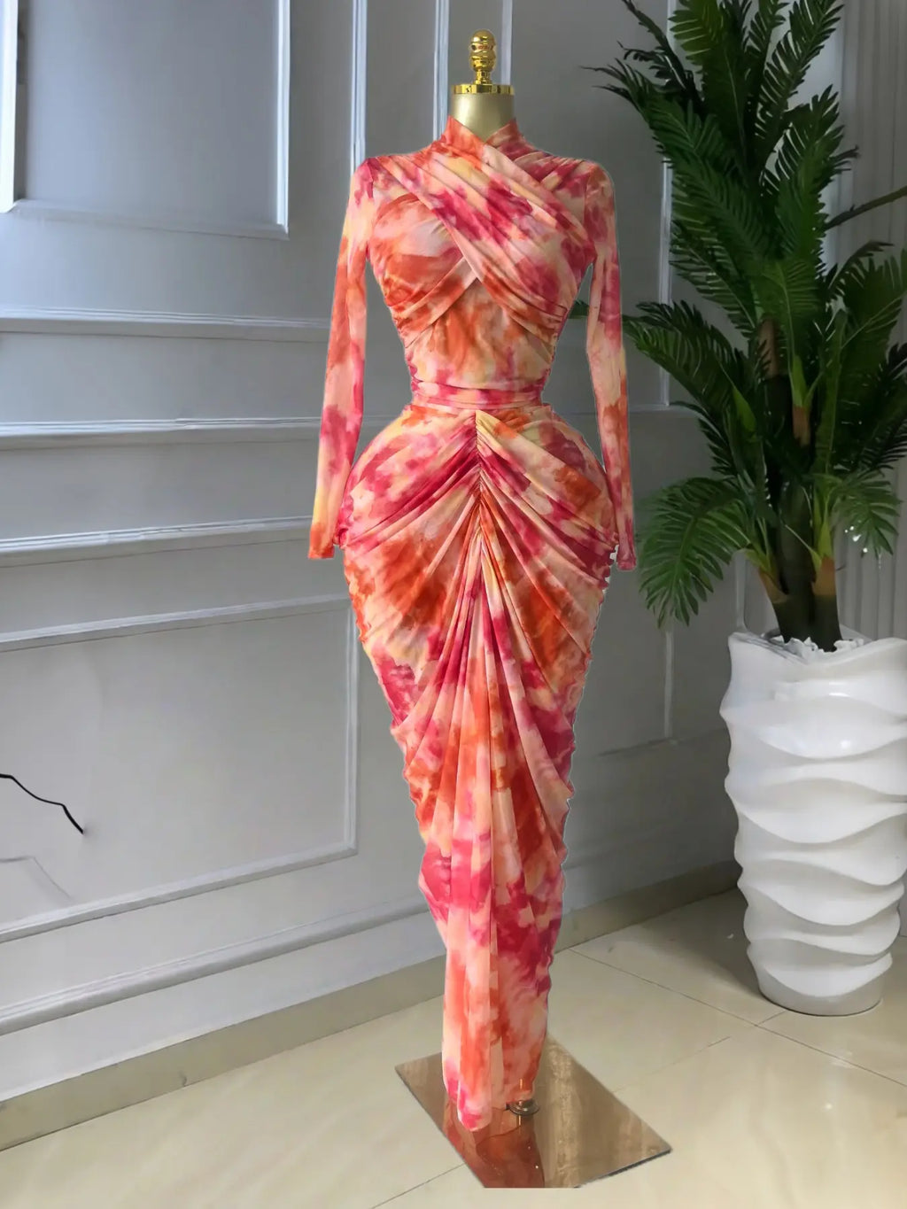 Women's Tie Dye Printed Two Piece Set Outfits, Wrap Long Sleeve Crop Top + Ruched Maxi Skirt