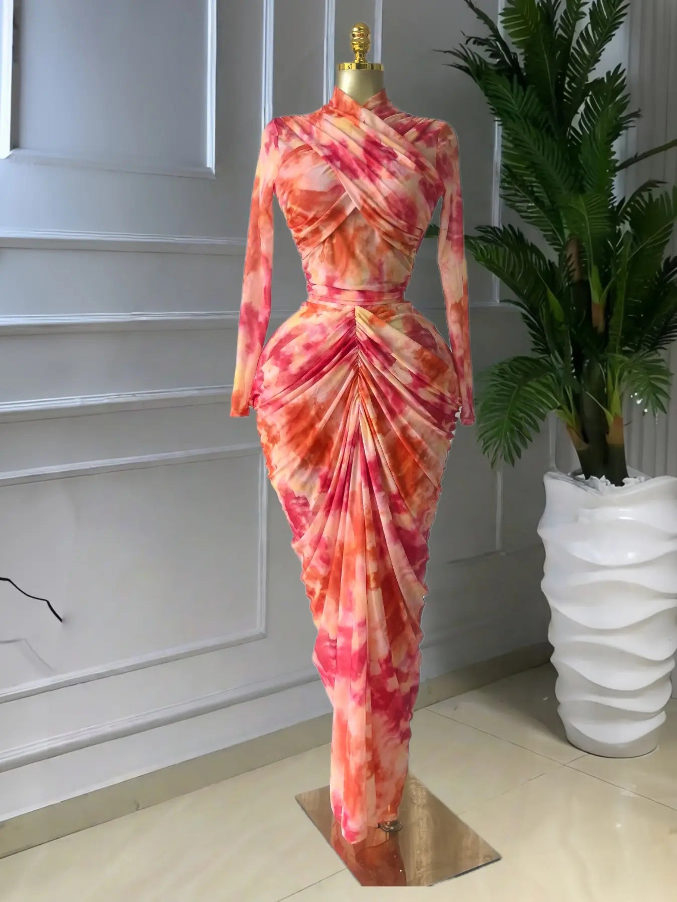 Women's Tie Dye Printed Two Piece Set Outfits, Wrap Long Sleeve Crop Top + Ruched Maxi Skirt
