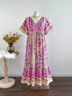 Plus Size Patchwork Floral Print Tie Neck Contrast Lace Ruffle Hem Long Dress, Boho Butterfly Sleeve Smock Dress, Ladies Summer Clothes for Vacation