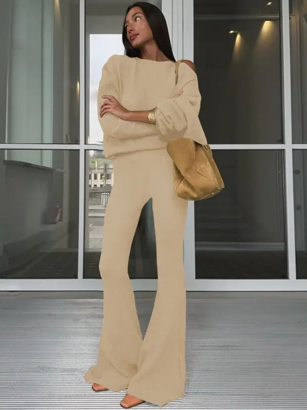 Women's Solid Asymmetrical Neck Top & Flare Leg Pants Set, Casual Drop Shoulder Long Sleeve Top & Trousers, Women's Fall & Winter Clothes for Daily Wear