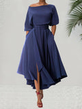 Women's Plain Belted Split Boat Neck Dress