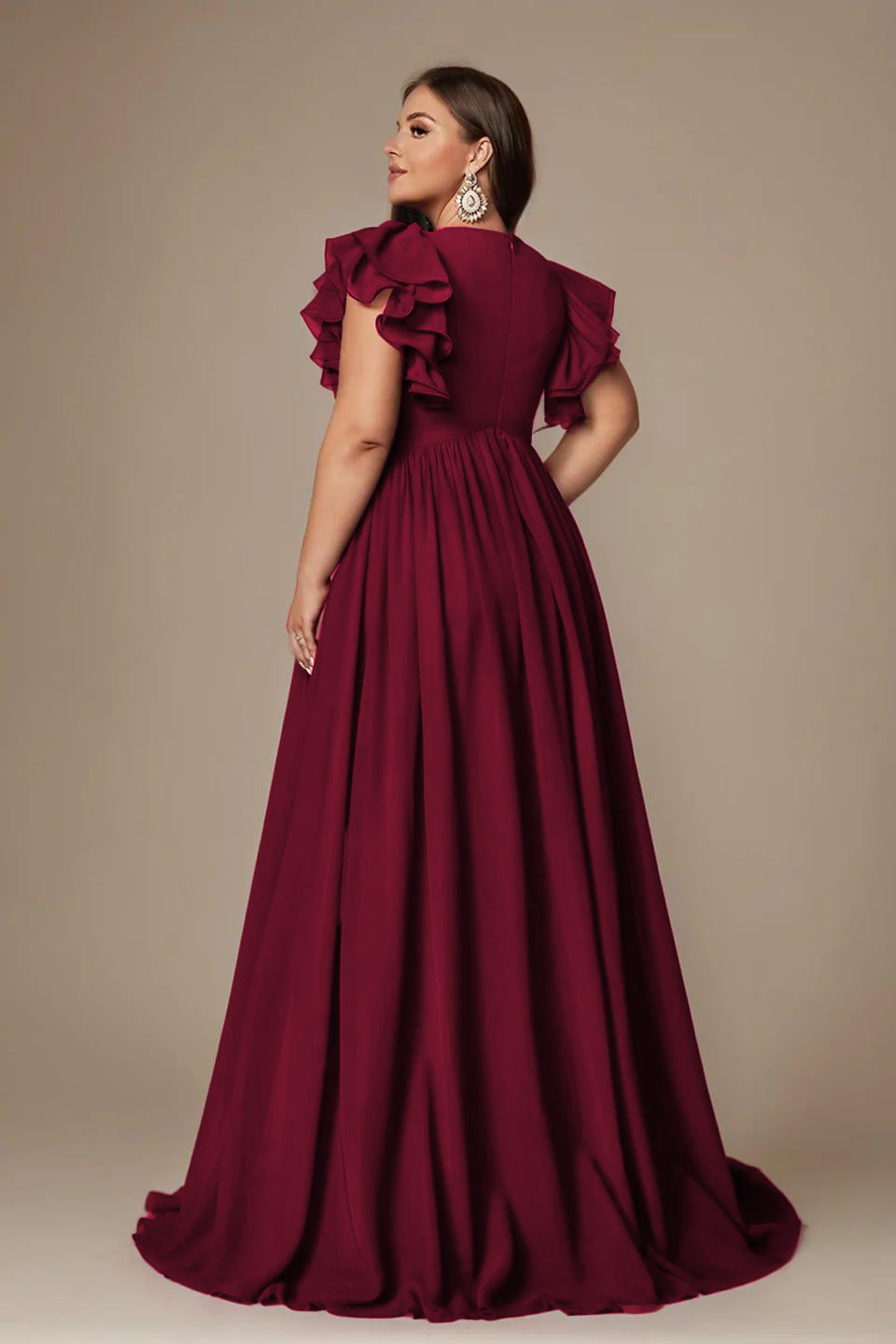 Curveins Plus Size V-Neck Ruffle Sleeve Split A-Line Maxi Dress