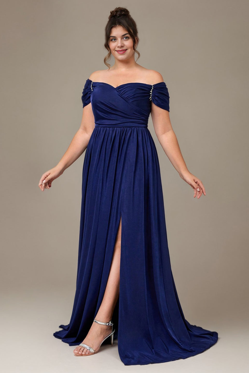 Curveins Plus Size Off Shoulder Wrinkle Detail Split Hem Flared Maxi Dress